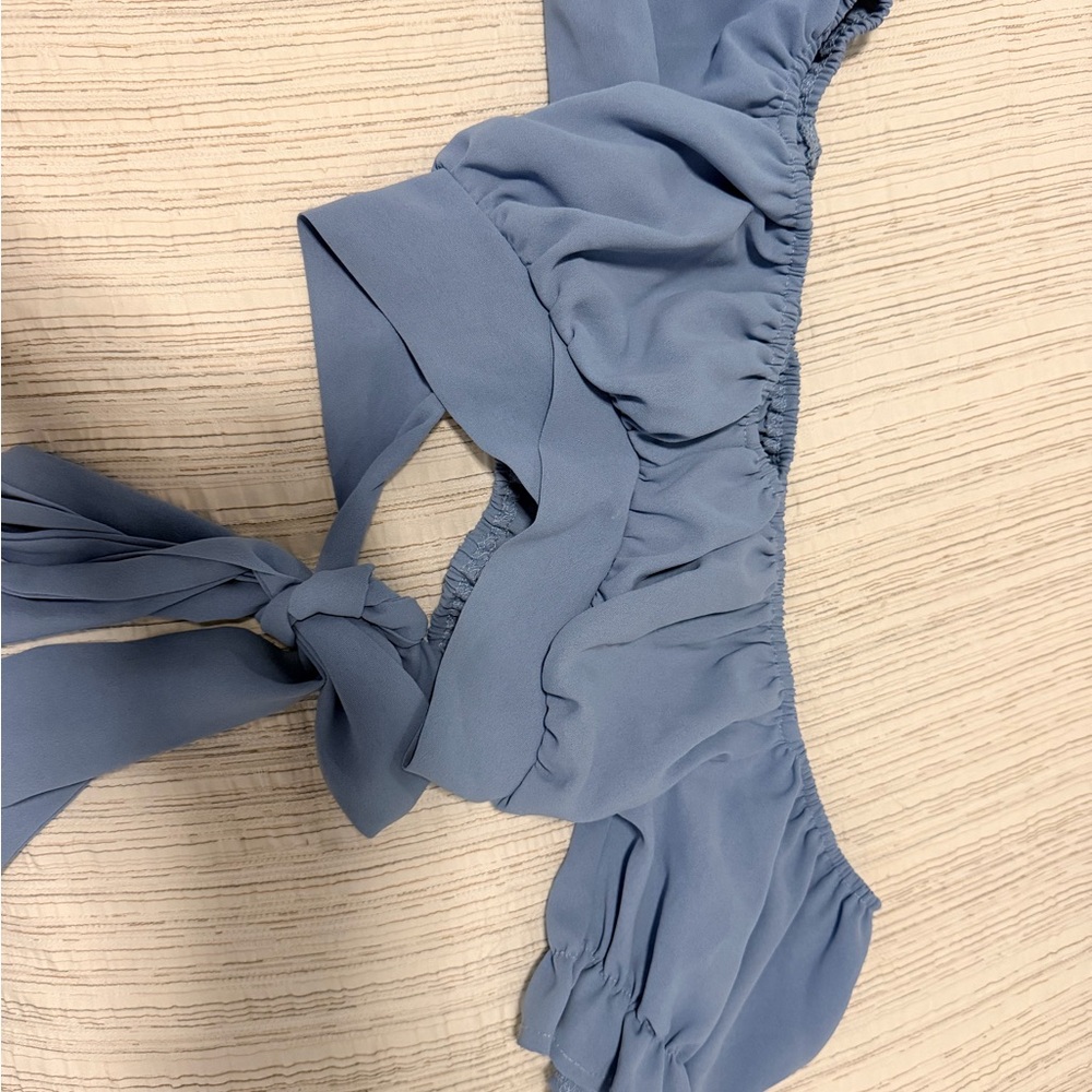 SHEIN Dusty Blue Off-Shoulder Ruffle Crop Top